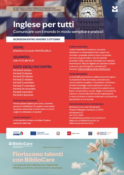 BIBLIOCARE – A Montecarlo corsi gratuiti di inglese, benessere mentale e su SPID/CNS