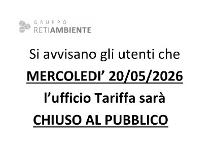 Avviso chiusura Ufficio Tariffa - Mercoledì 20 maggio 2026